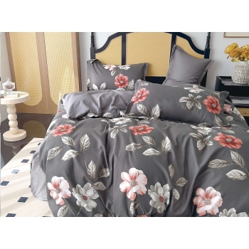 Pościel flanelowa 160x200 z Prześcieradłem szara w  kwiaty FL580